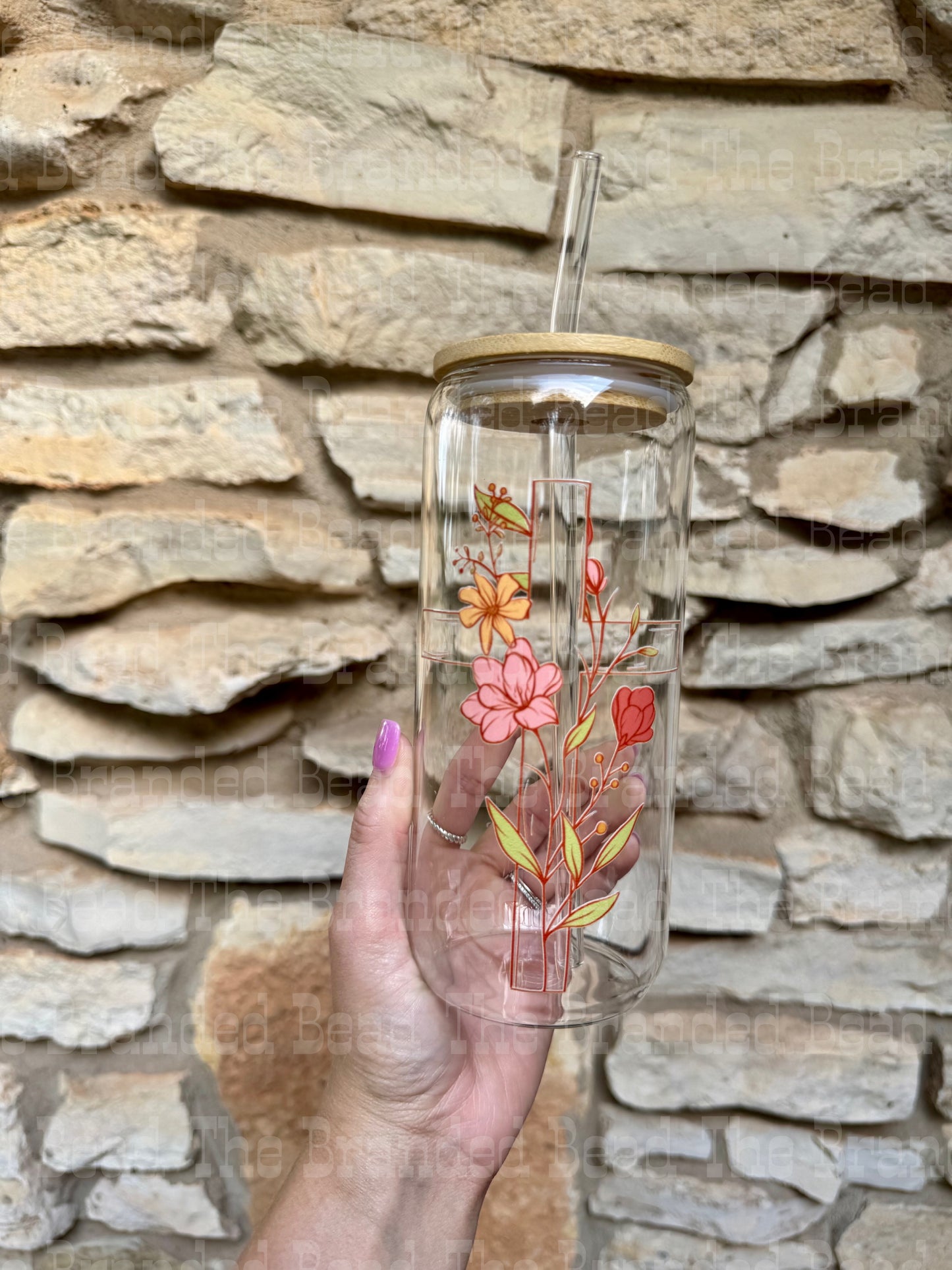 Floral Cross Glass Cup